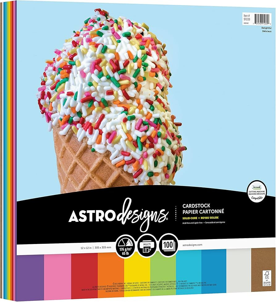 Astrodesigns Crafting Cardstock, 12" x 12", 65 lb/176 gsm, 10-Color Delightful Assortment, 100 Sh... | Amazon (US)
