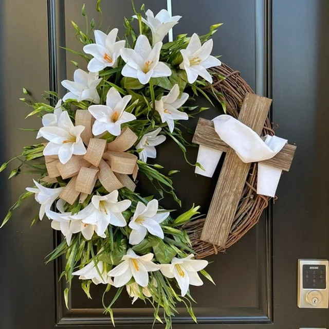 Easter Wreath with Cross 18" Flower Lily & Tulip Bow Silk Scarf Religious Garland Easter Front Do... | Walmart (US)