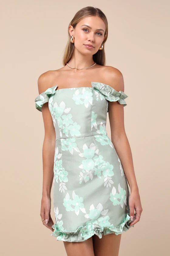 Pop the Bottle Sage Green Floral Jacquard Ruffled Mini Dress | Lulus
