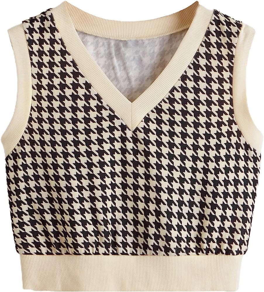 SheIn Women's V Neck Plaid Print Sweater Vest Sleeveless Rib-Knit Crop Tank Tops | Amazon (US)