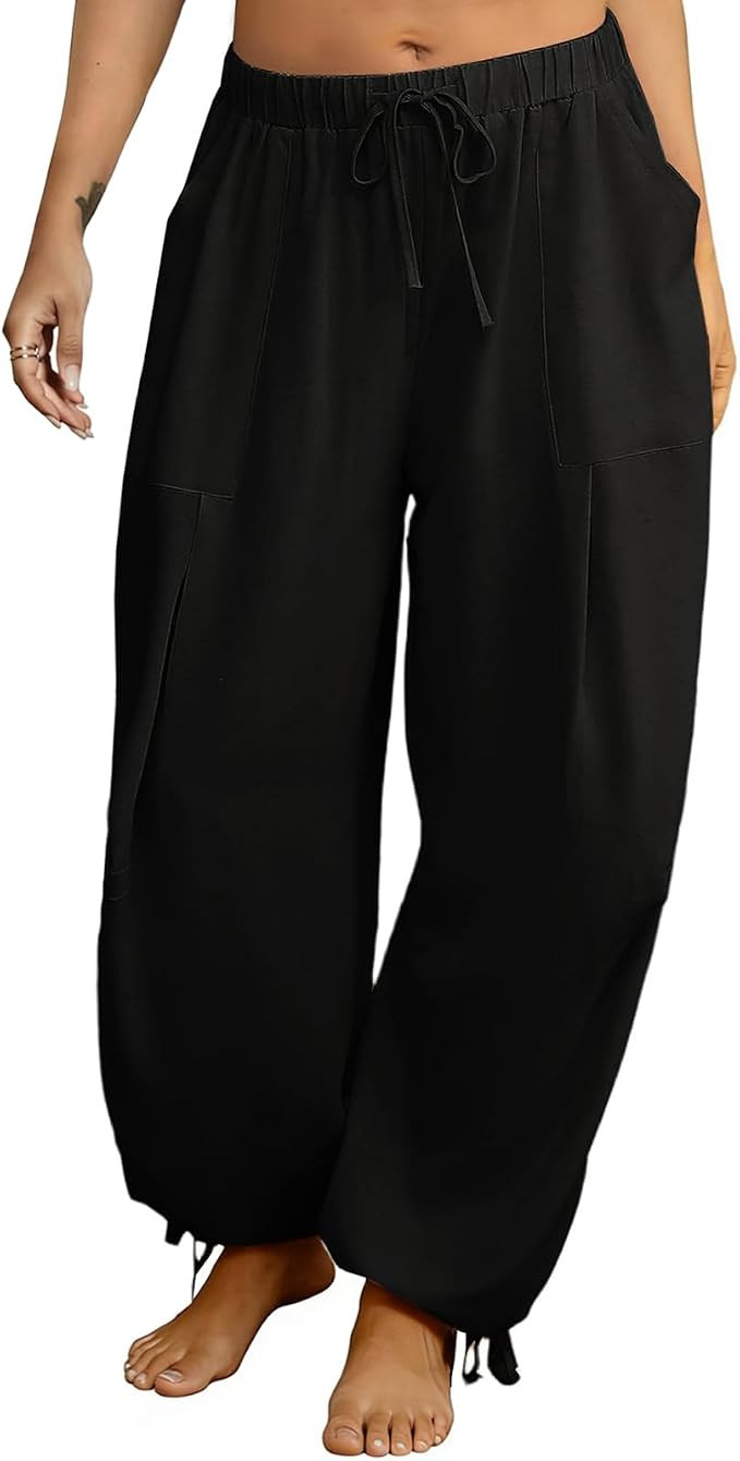 Women's Linen Balloon Barrel Beach Pants Boho Harem Flowy Drawstring Casual Loose Pants with Pock... | Amazon (US)