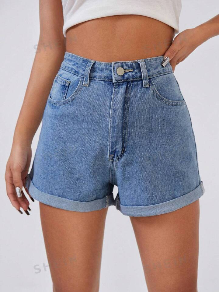 SHEIN EZwear High Waist Roll Up Hem Denim Shorts, Mom Shorts | SHEIN