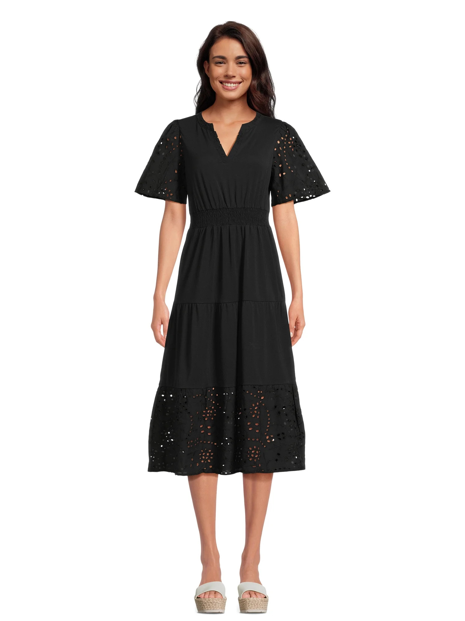 The Pioneer Woman Eyelet Smocked Waist Ruffle Dress with Short Sleeves, Women's, Sizes XS-XXXL | Walmart (US)