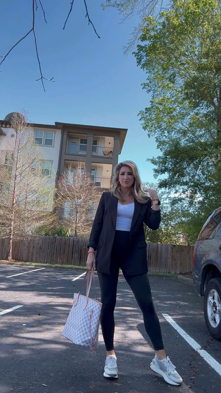 Fit check. ☺️💁🏼‍♀️ All my go-to basics in one look. 👏🏼 (Use code: JANUARY20 on your Sparklbands Watchband purchase) Black blazer, black leggings outfit, white cami, LV bag, weekend casual outfit, 

#LTKVideo #LTKstyletip #LTKfindsunder100