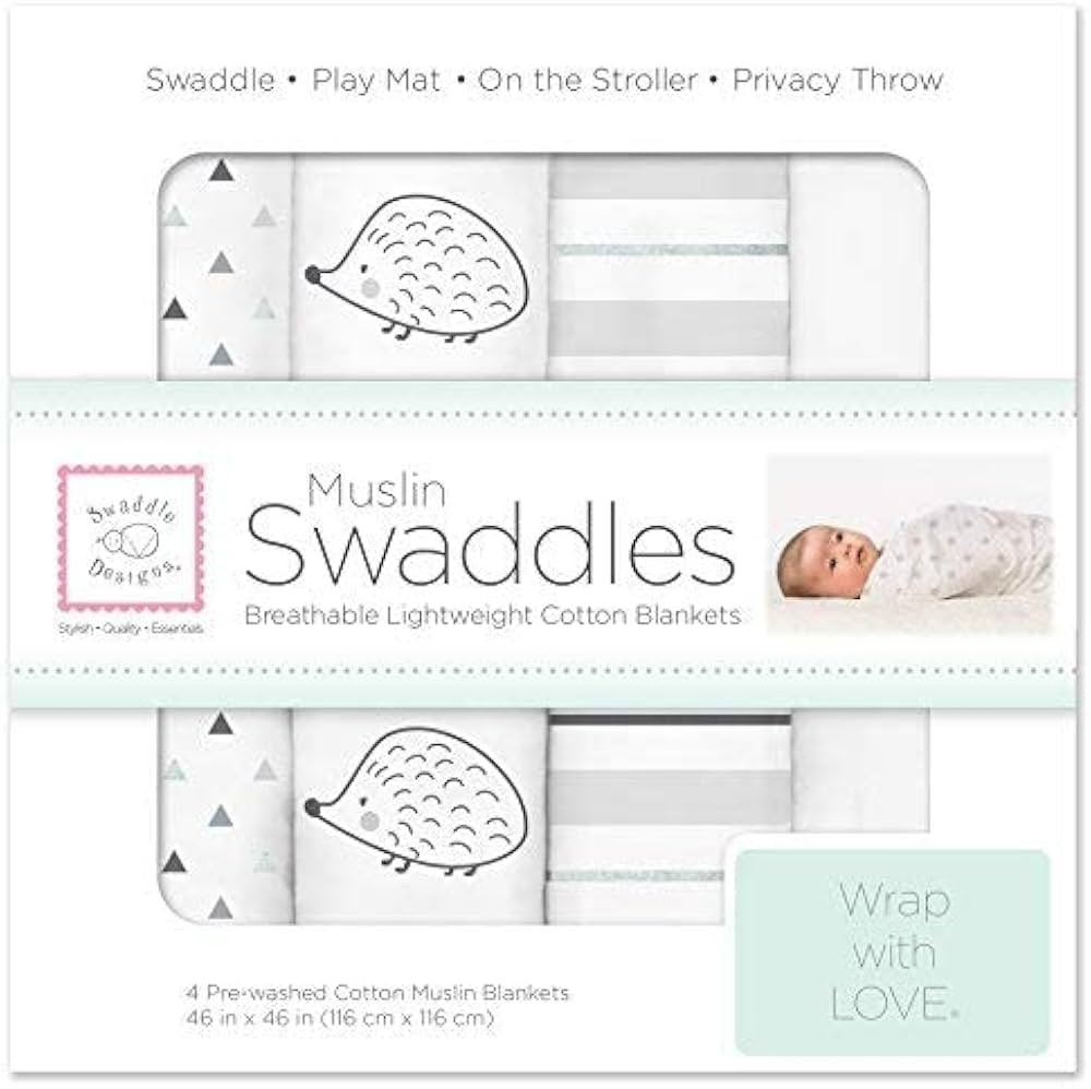 SwaddleDesigns Cotton Muslin Swaddle Blankets, Set of 4, Hedgehog, Dark Gray and Sterling , 46x46... | Amazon (US)