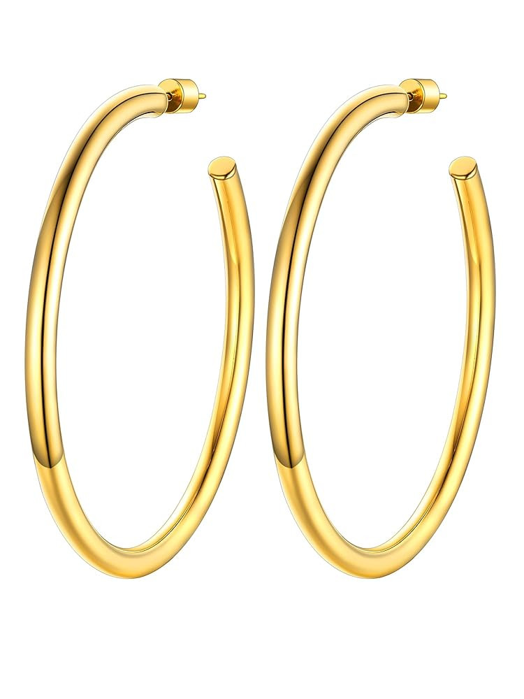 Stainless Steel Chunky Hoop Earrings For Women, Minimalist and Chic, Black/Gold Plated, Round Hoo... | Amazon (US)