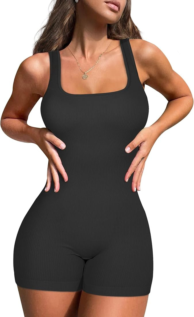 KIKIMINK Women's Jumpsuits Seamless Ribbed Square Neck One Piece Yoga Workout Sleeveless Rompers ... | Amazon (US)