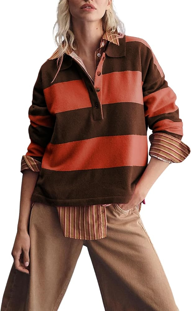 Omoone Cute Striped Polo Sweater Women Fall Lapel V Neck Colorblock Knit Tops Winter Long Sleeve ... | Amazon (US)