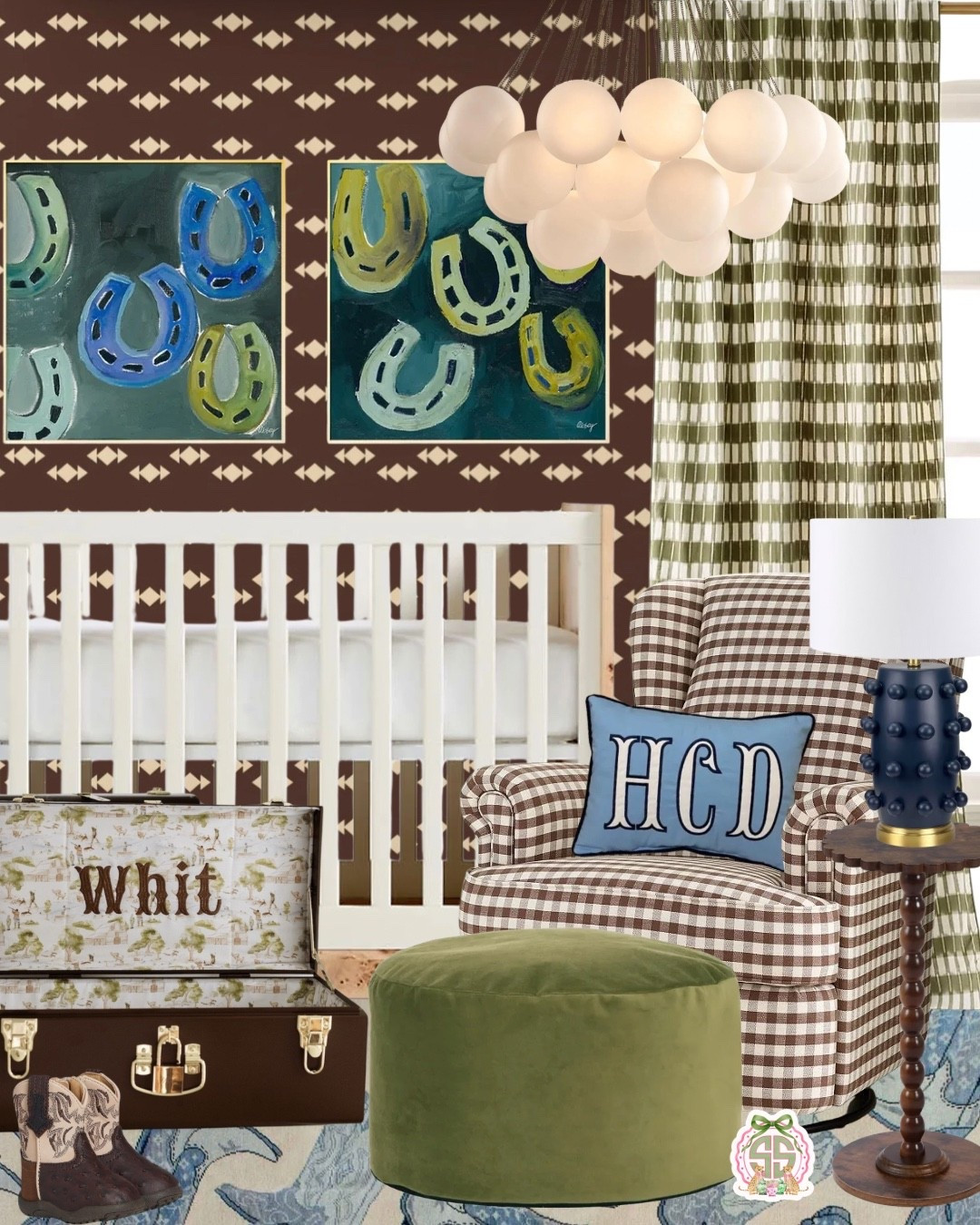 🤎 Cowboy charm meets classic southern style. This nursery is full of rich browns, olive greens, soft blues, and the sweetest personalized touches. From the gingham glider to the heirloom trunk and lucky horseshoe artwork, every detail is linked for easy shopping! 🤠💙✨

#LTKBump #LTKBaby #LTKHome