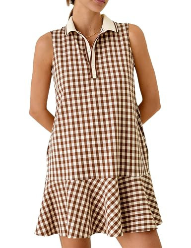 Shiyifa Womens Gingham Polo Dress Sleeveless Golf Mini Dresses Summer V Neck Plaid Tennis Sundress with Pockets(Coffee-S) | Amazon (US)