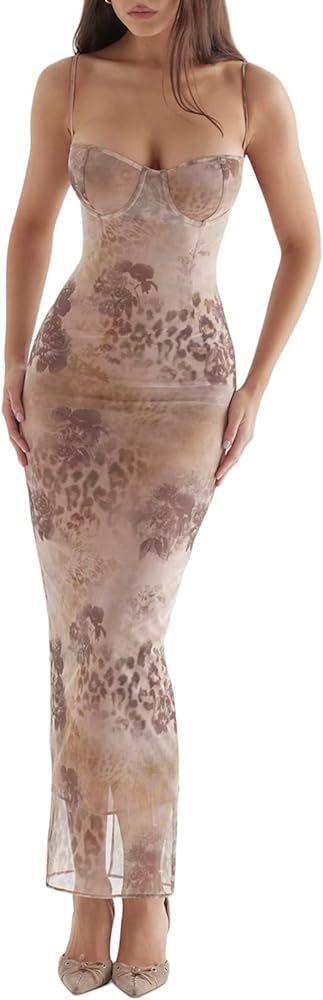 Women Sexy Bodycon Maxi Dress Sleeveless Floral Print Low Cut Spaghetti Strap Backless Long Dress... | Amazon (US)