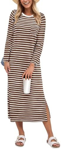 ANRABESS Womens 3/4 Sleeve Striped Slit Midi T Shirt Dresses 2026 Summer Casual Beach Vacation Cl... | Amazon (US)