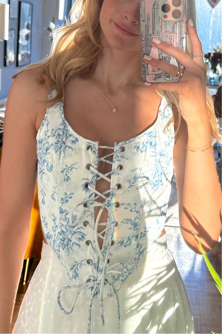 blue and white floral selkie corset top