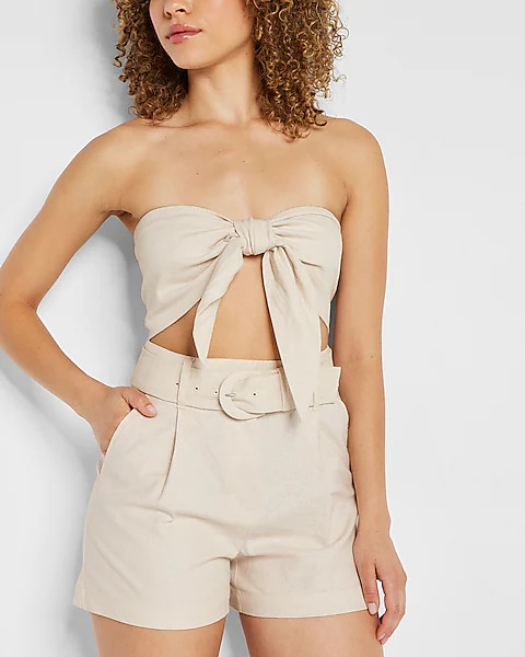 Super High Waisted Belted Linen-blend Shorts | Express