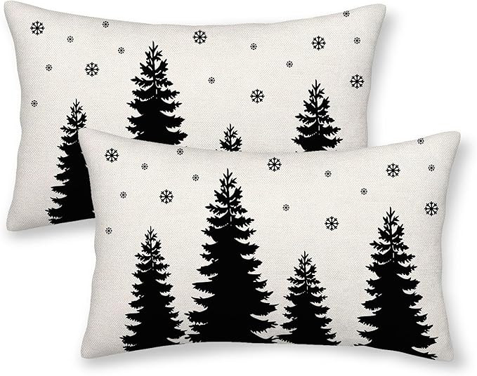 CXMEIFLY Christmas Pillow Covers 12x20 Inch Set of 2 Cream Black Christmas Tree Snowflakes Decor ... | Amazon (US)