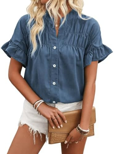 Womens Button Down Shirts Ruffle Ruched Short Sleeve Tops Summer Solid Casual Work Business Blous... | Amazon (US)