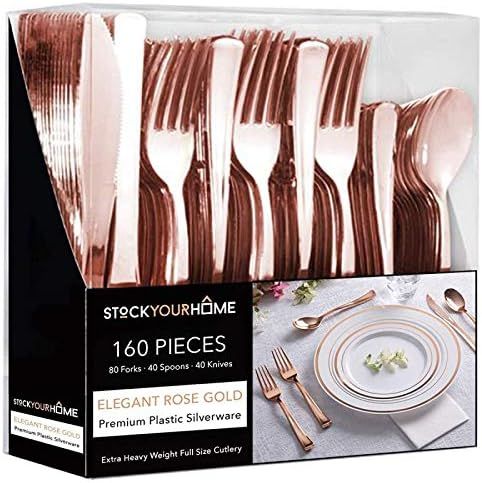 Plastic Cutlery Heavy Duty - 160 Piece Rose Gold Plastic Silverware - Rose Gold Plastic Utensils ... | Amazon (US)