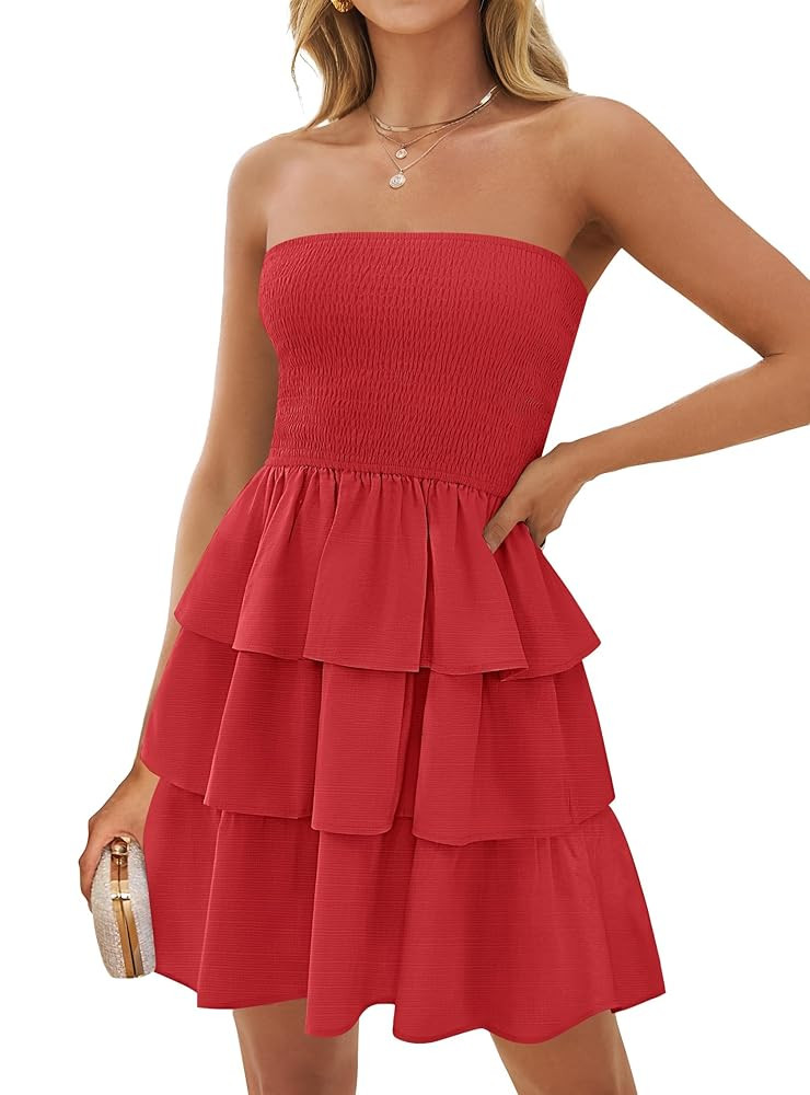 ZESICA Women's Summer Strapless Smocked Tube Dress 2025 Off Shoulder Ruffle Tiered Flowy Beach Bo... | Amazon (US)