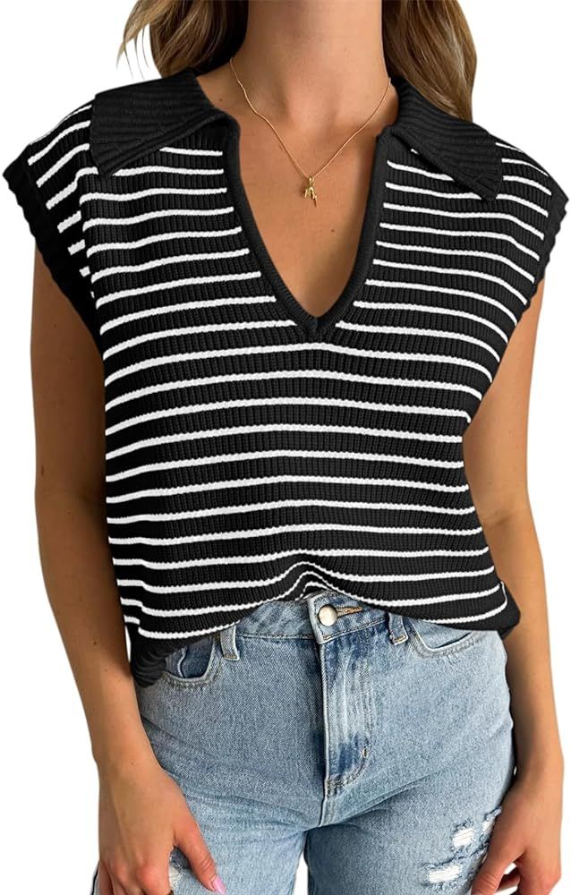 Yousify Summer Sweaters for Women 2024 V Neck Cap Sleeve Tops Sleeveless Spring Clothes S-2XL | Amazon (US)