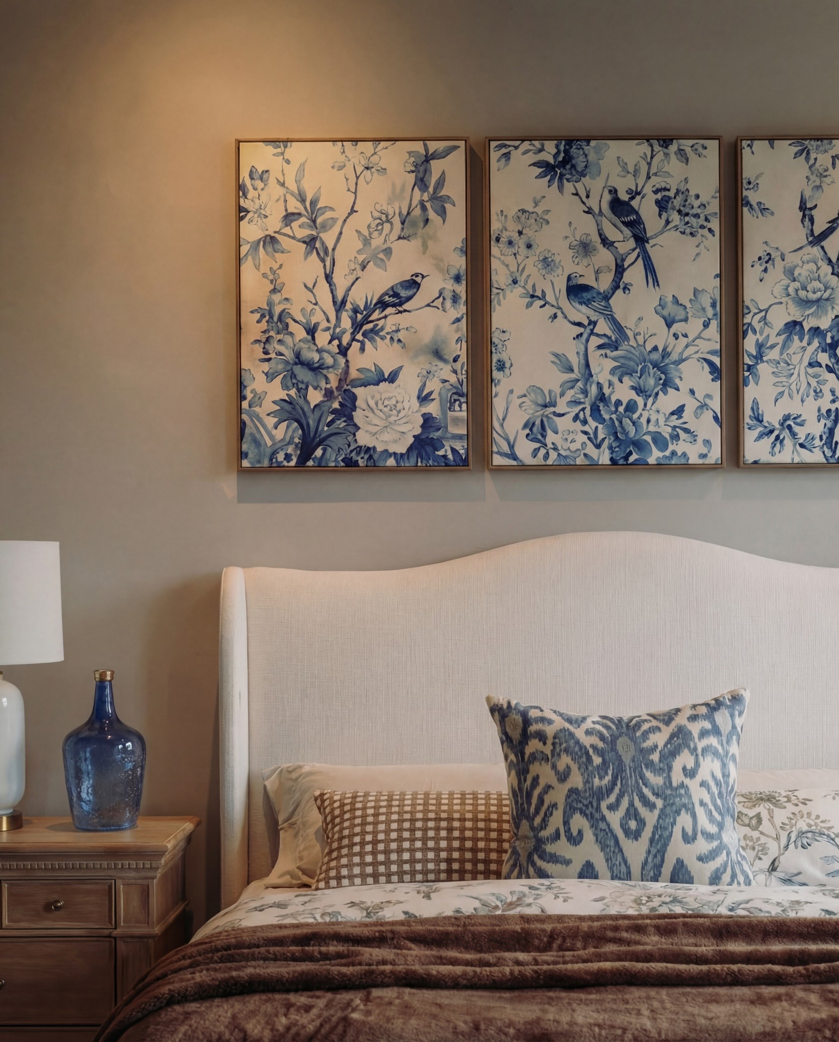 Shop the Look:
• Upholstered bed frame (soft ivory fabric)
• Neutral bedding set (white and light beige)
• Brown throw blanket (plush or wool)
• Blue and ivory accent pillow
• Wood nightstands with drawers (warm oak tone)
• Ceramic table lamps (white base, white shade)
• Blue glass decorative vases
• Framed blue-and-white botanical wall art (set of three)
• Upholstered bench with fluted wood base
• Traditional patterned area rug (beige, taupe, muted blue)
• Floor-length neutral curtains
• Wood ceiling beams (natural stained finish)
• Brass decor bowl all catch
• White and blue decor beads 

#LTKSaleAlert #LTKFindsUnder100 #LTKHome