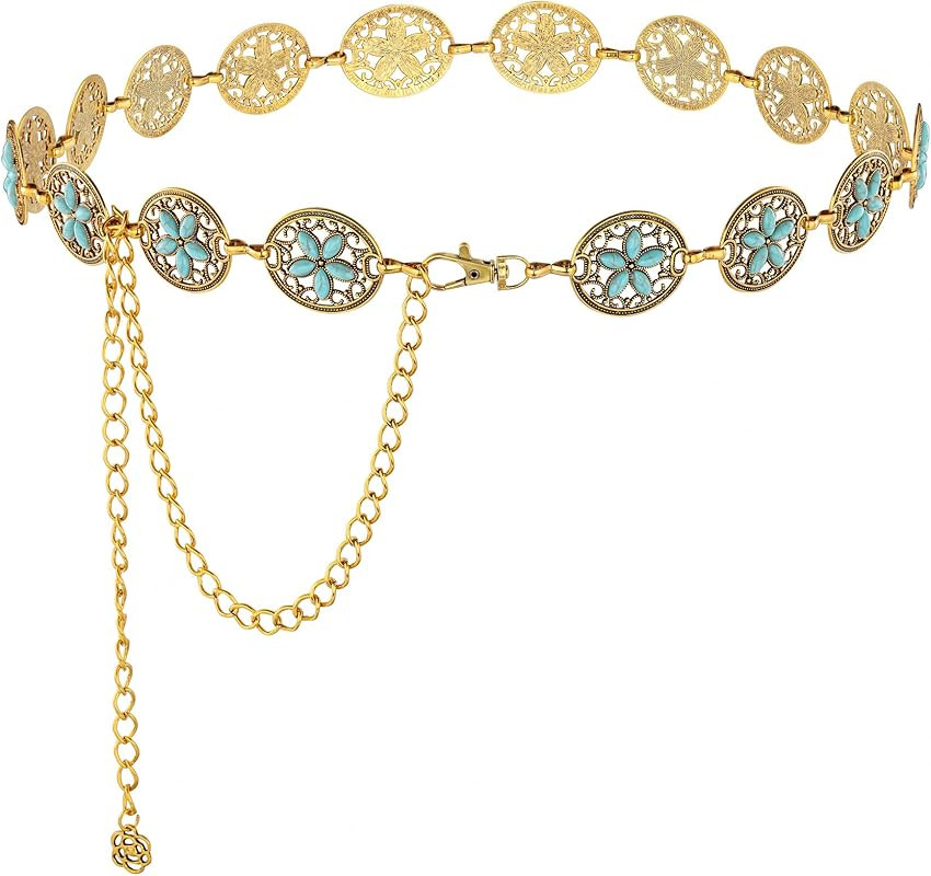 Ayliss Women Chain Belt Concho Western Antique Western Waist Belt Vintage Silver Golden Metal Cha... | Amazon (US)