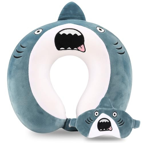 Cute Travel Neck Pillow, Kids Neck Pillow for Travel with Sleep Eye Mask, Memory Foam Cartoon Flight Sleeping Headrest Pillow for Boys & Girls, Train, Car, Airplane, Home Use - Bigmouth Shark | Amazon (US)