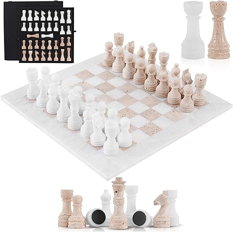 Marble Chess Set 15 Inch Handmade White & Travertine Luxury Board Games for Adults, Elegant Table... | Amazon (US)