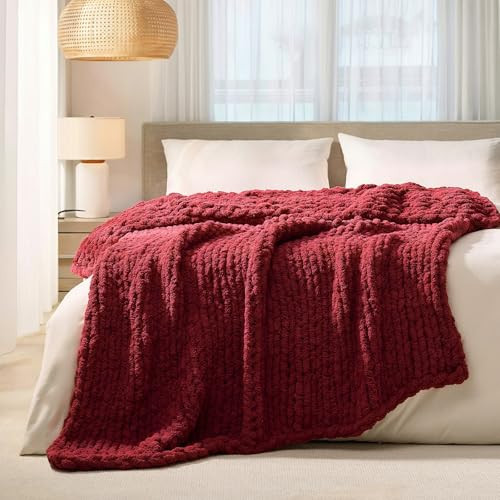 L'AGRATY Chunky Knit Blanket Throw: 50''x60'' Chenille Chunky Knitted Throw Blankets for Bed Couch - Handmade Thick Cable Knit Blanket - Large Crochet Rope Blankets for Home Decor(Maroon Red) | Amazon (US)