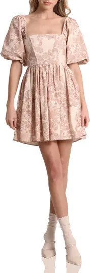 Print Puff Sleeve Linen Blend Minidress | Nordstrom