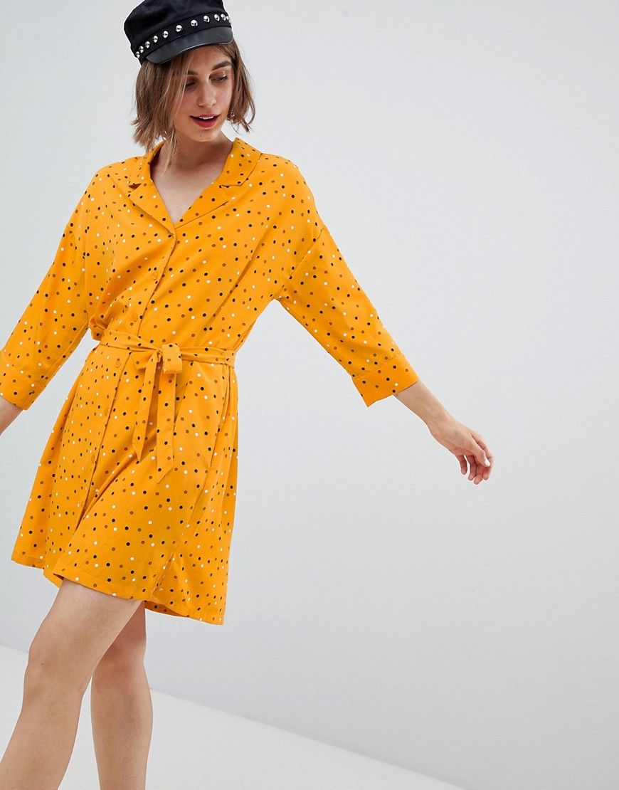 Monki Polka Dot Mini Shirt Dress In Yellow - Orange | ASOS US