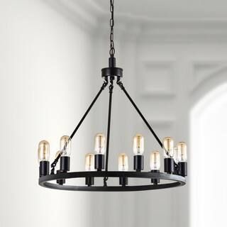 Maxax Bismarck 12 -Light Black Unique Wagon Wheel Chandelier with Wrought Iron Accents | The Home Depot