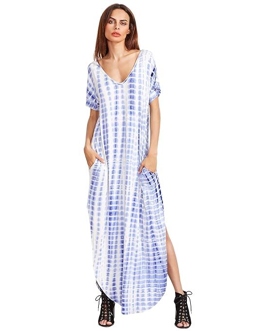 MAKEMECHIC Casual Maxi Short Sleeve Split Tie Dye Long Dress | Amazon (US)