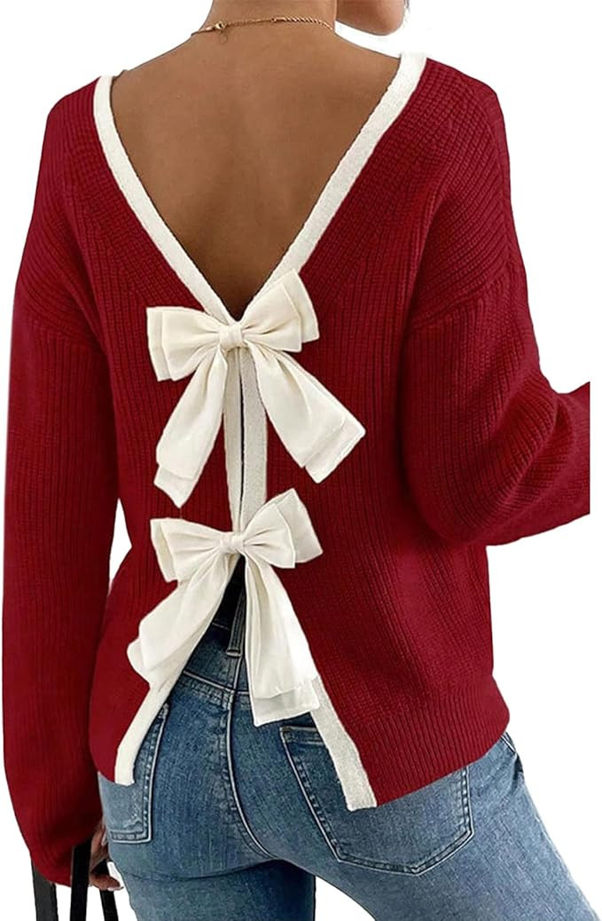 CHICWISH Women Bow Open Back Ribbed Knit Sweater Long Sleeve Crewneck Sexy Casual Holiday Party B... | Amazon (US)