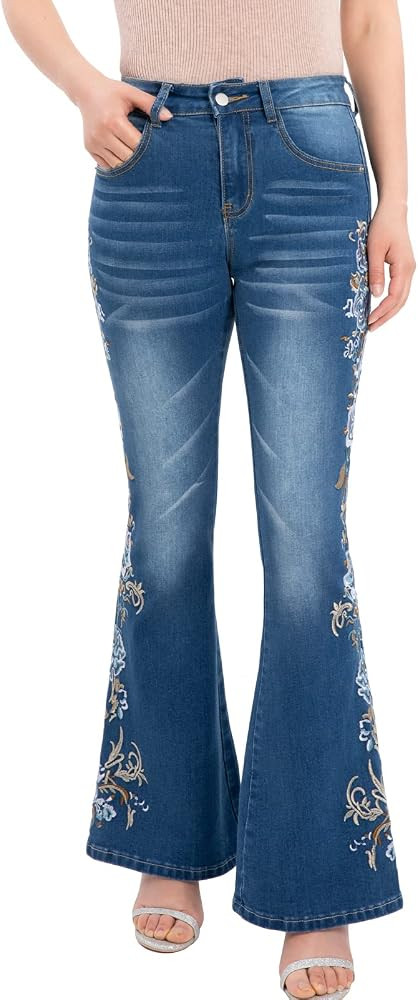 Women's Embroidered Bell Bottom Jeans Stretch Flared Fit Wide Leg Denim Pants | Amazon (US)