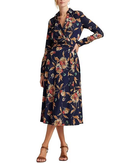 Crepe Floral Point Collar Surplice V-Neck Long Sleeve Midi Dress | Dillard's