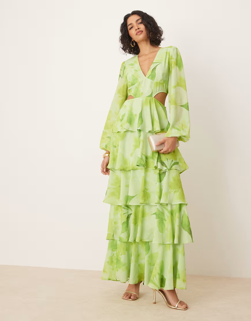 Pretty Lavish cut out tiered ruffle maxi dress in lime floral print-Green | ASOS (Global)