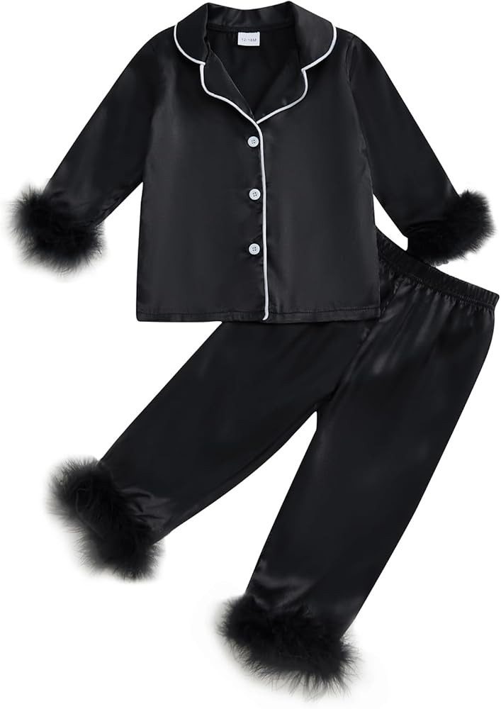 Toddler Girl Satin Pajama Set Feather Trim Long Sleeve Button Down Shirt Top Long Pants Sleepwear... | Amazon (US)