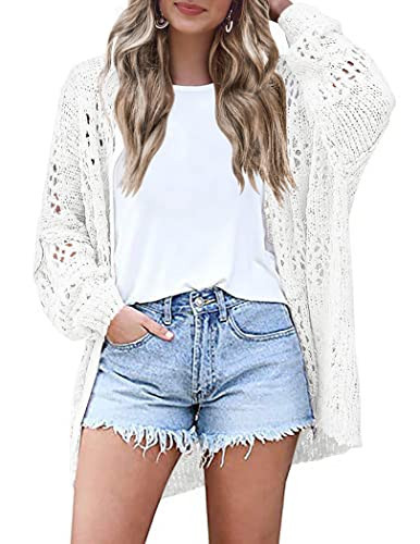 HOTOUCH White Cardigan Sweaters for Women Crochet Summer Long Sleeve Lightweight Cardigans White M | Amazon (US)