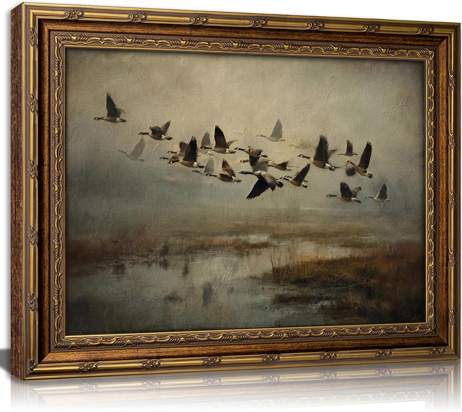 Vintage Gold Framed Wall Art, Flying Wild Ducks Over Marsh Oil Painting Print, Rustic Nature Landscape Decor for Living Room, Bedroom, Cabin, Ready to Hang | Amazon (US)