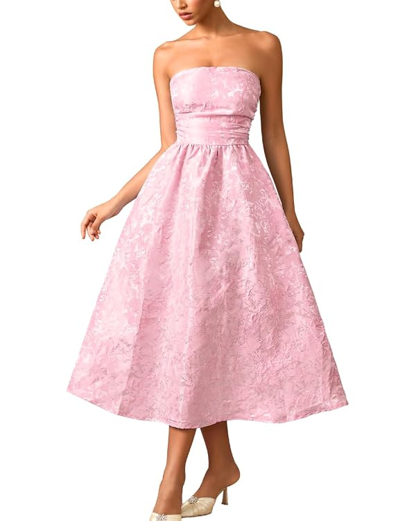 ShawGobow Strapless Corset Dress,Jacquard Formal Midi Dresses for Women,Wedding Guest Cocktail Pa... | Amazon (US)