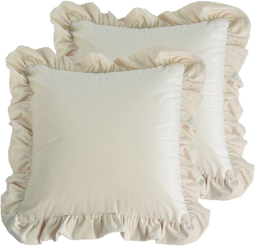 Velvet Ruffle Throw Pillow Covers Couch, Set of 2 Decorative Pillowcases with Ruffles 18x18 Inch ... | Amazon (US)