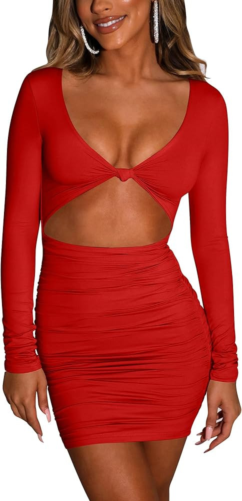 Kaximil Women's Sexy Bodycon Sleeveless Cut Out Ruched Tank Mini Club Party Dresses | Amazon (US)