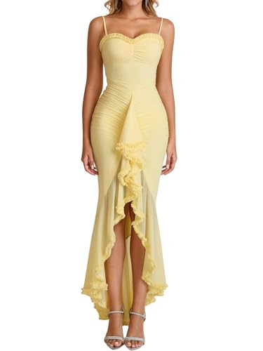 KUTUMAI Elegant Ruffle Long Formal Wedding Guest Dress Ruched Bodycon Slit Maxi Cocktail Dresses for Women Yellow M | Amazon (US)