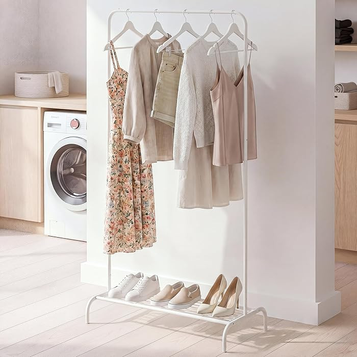 Small White Clothing Rack, Freestanding Metal Garment Rack with Bottom Shelf, Stable Clothes Rack... | Amazon (US)