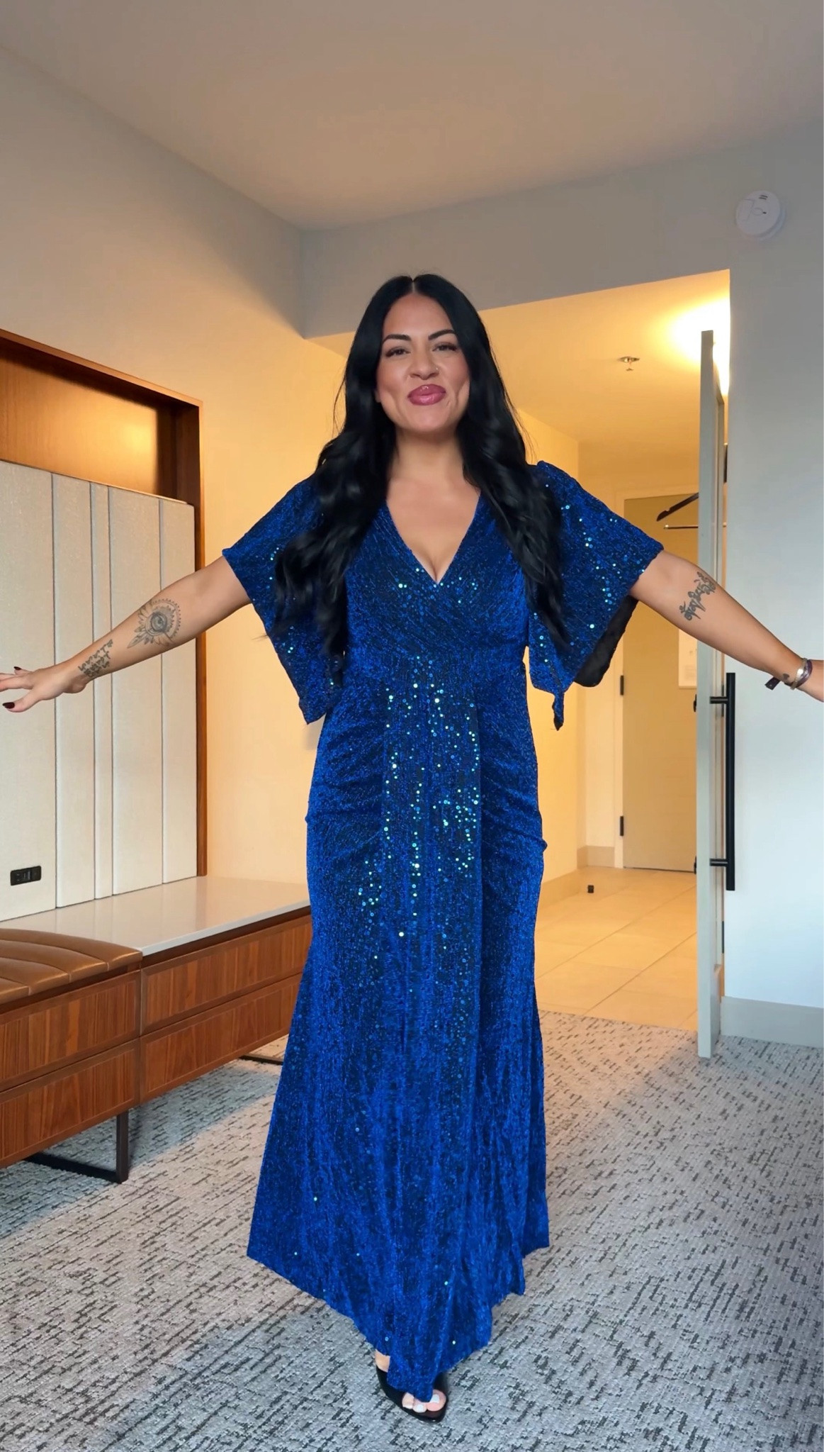 Check out this stunning midsize dress!!!

size large for reference

black tie, blue dress, sequin dress, glittery dress, midsize, wedding guest attire, formal, amazon, tori block