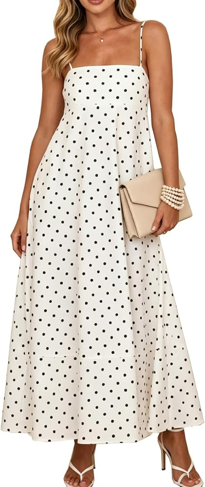 Women's Summer Maxi Dresses Spaghetti Strap Polka Dot Striped Flowy Swing Beach Vacation Sundress | Amazon (US)