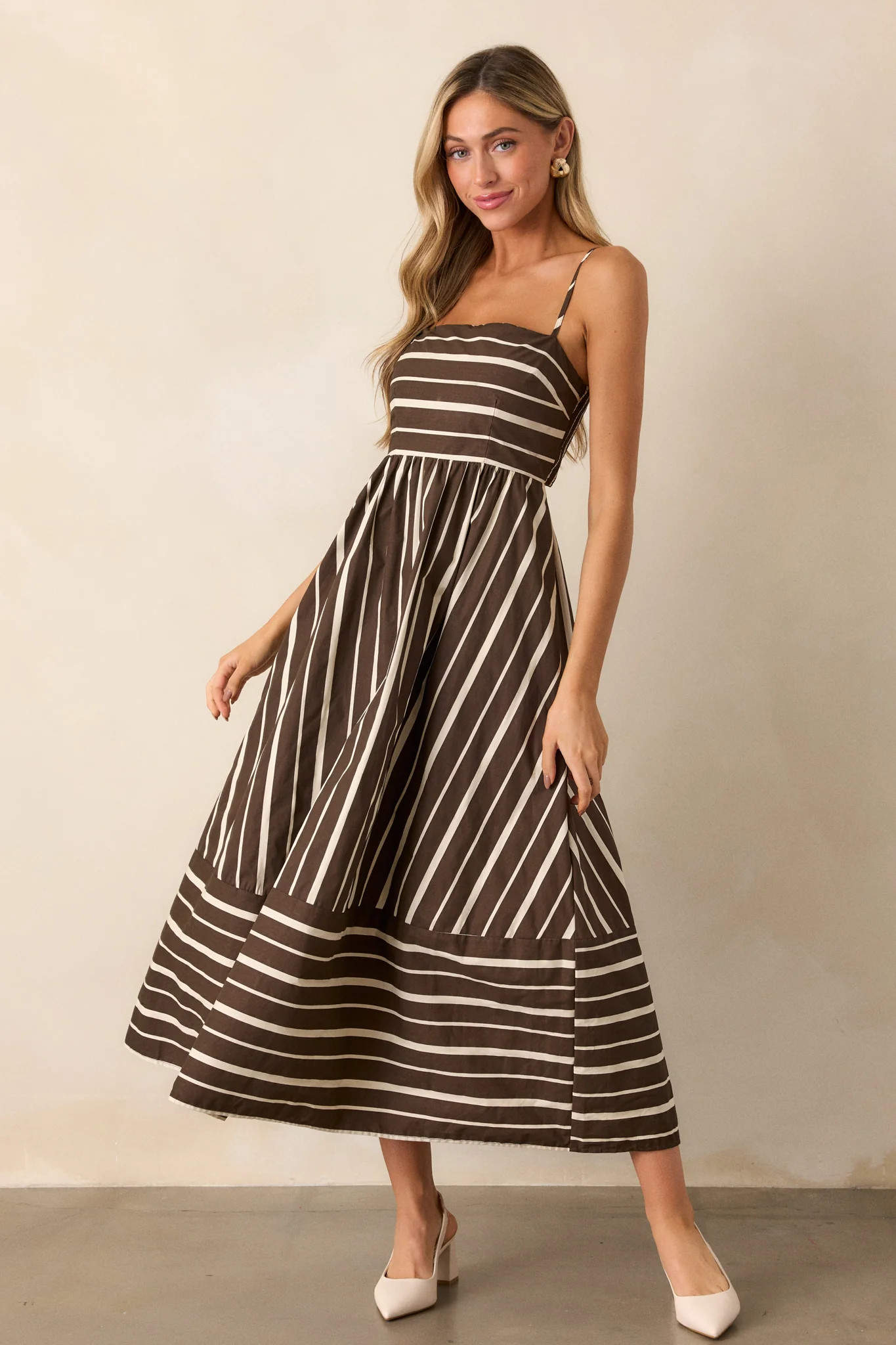 The Art of Balance 100% Cotton Brown Stripe Sleeveless Midi Dress | Red Dress