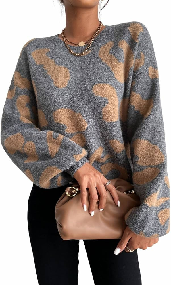 Floerns Women's Printed Long Sleeve Crew Neck Knitted Regular Fit Sweater Top | Amazon (US)