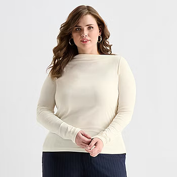 new!Ashley Graham Fine Rib Womens Plus Asymmetrical Neck Long Sleeve T-Shirt | JCPenney