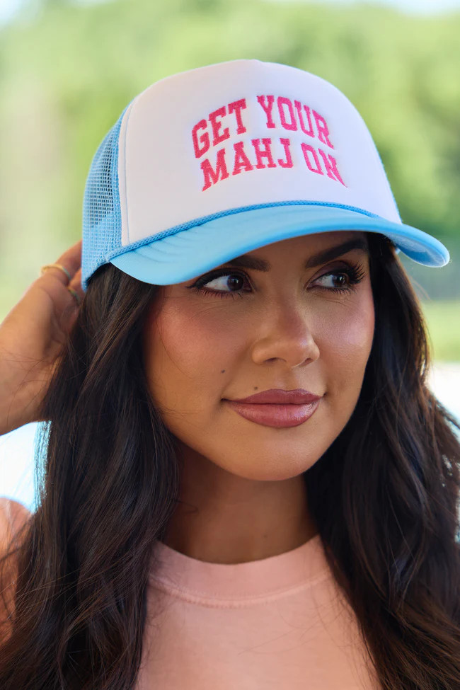 Get Your Mahj On White/Baby Blue Embroidered Trucker Hat | Pink Lily